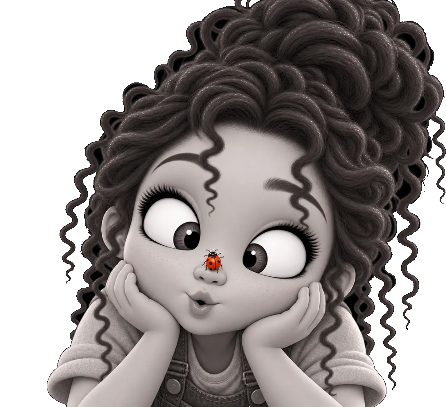 Gaby pequeña observa con curiosidad una mariquita sobre su nariz