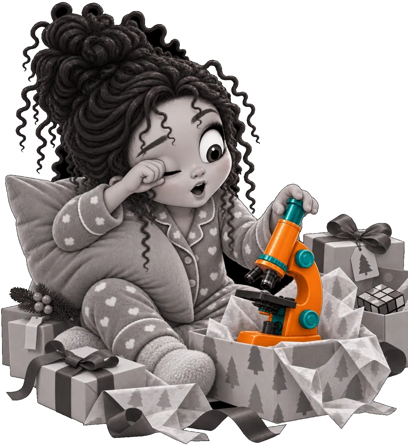 Gaby explora un microscopio con curiosidad
