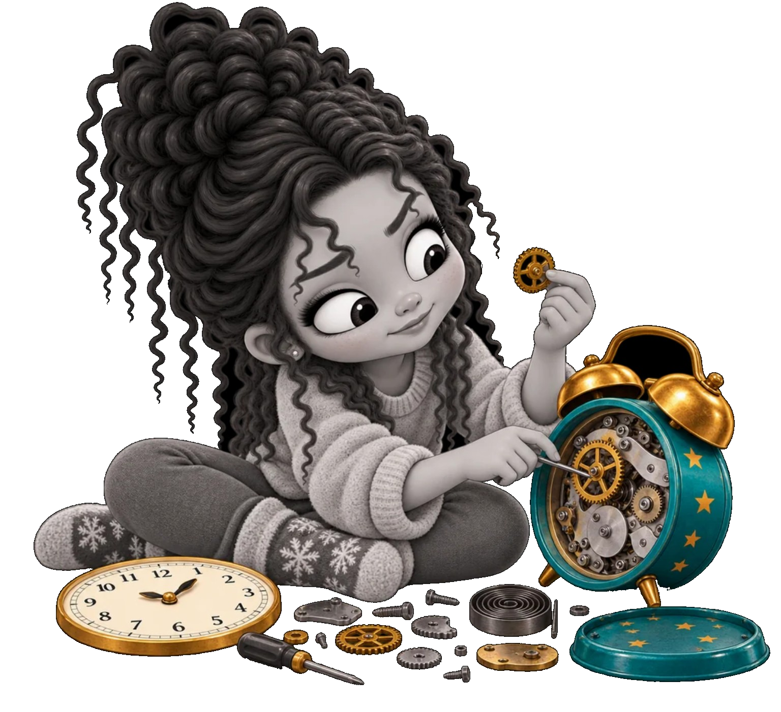Gaby examina el mecanismo de un reloj